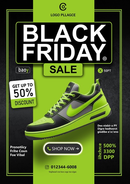 sneakers, athletic shoes, running shoes, sport shoes, casual sneakers, low top sneakers, sale promotion, limited time deal, modern typography, minimalist, bold, energetic, black, green, black friday